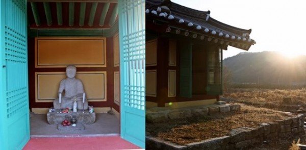 3. 석조약사여럐좌상과 도난당한 석탑 기단이 작은 전각 우측에 남아있는 모습.jpg