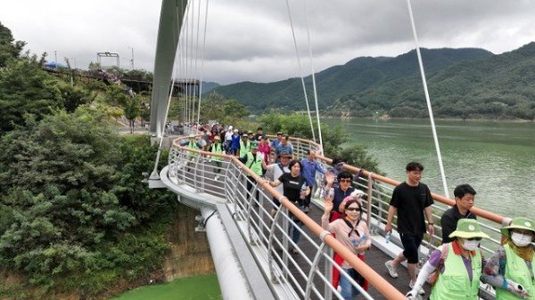 영주-1-7 ‘영주댐’ 준공 기념 ‘건강걷기대회’ 참가자들이 용미교를 걷고 있다.jpg